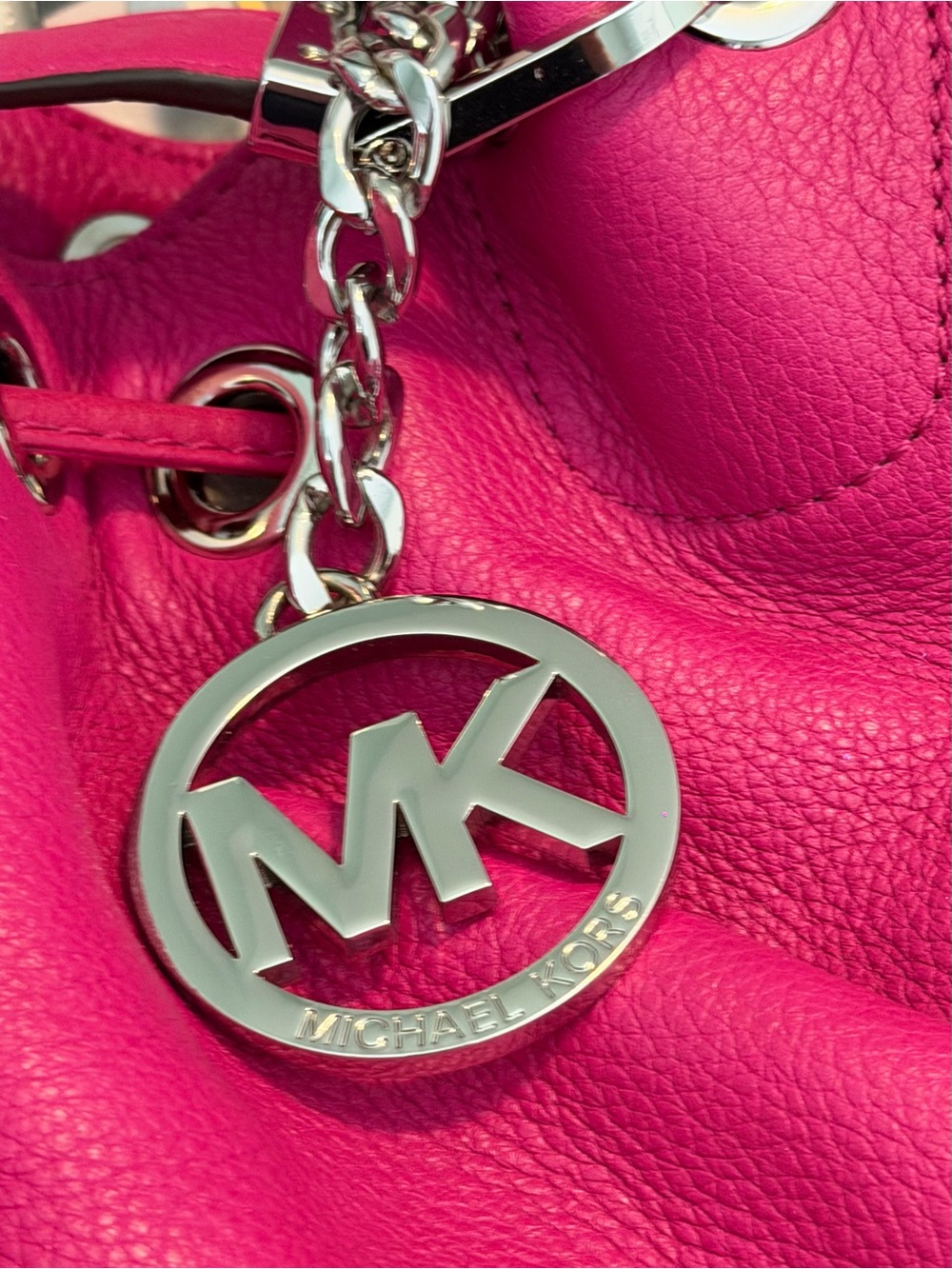 Michael Kors Pink Camden Leather Drawstring Shoulder Tote Bag with MK Charm - Picture 7 of 10
